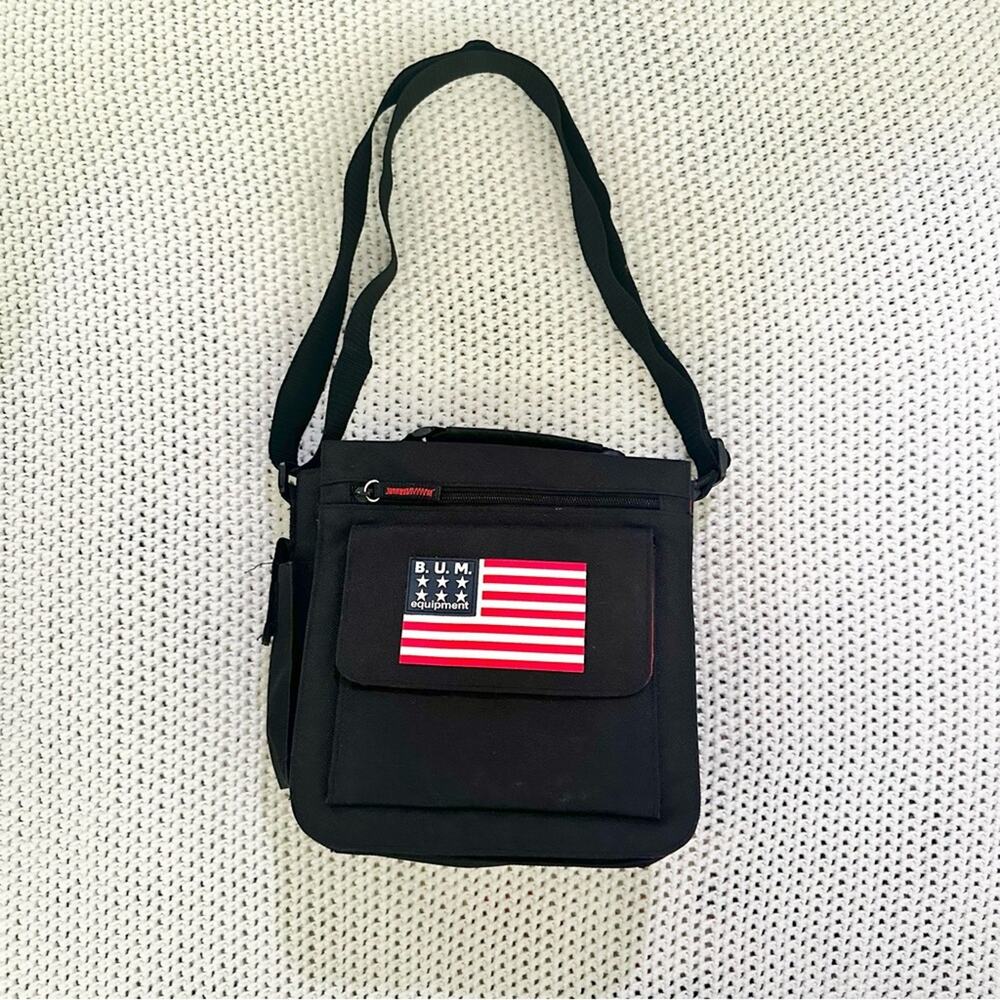 B.U.M Equipment Black American Flag Flap Over Crossbody Slim Utility Messenger